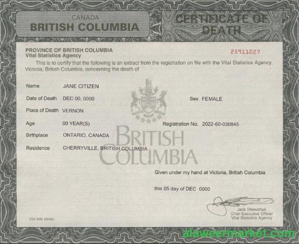 Canada British Columbia death certificate template in PSD format